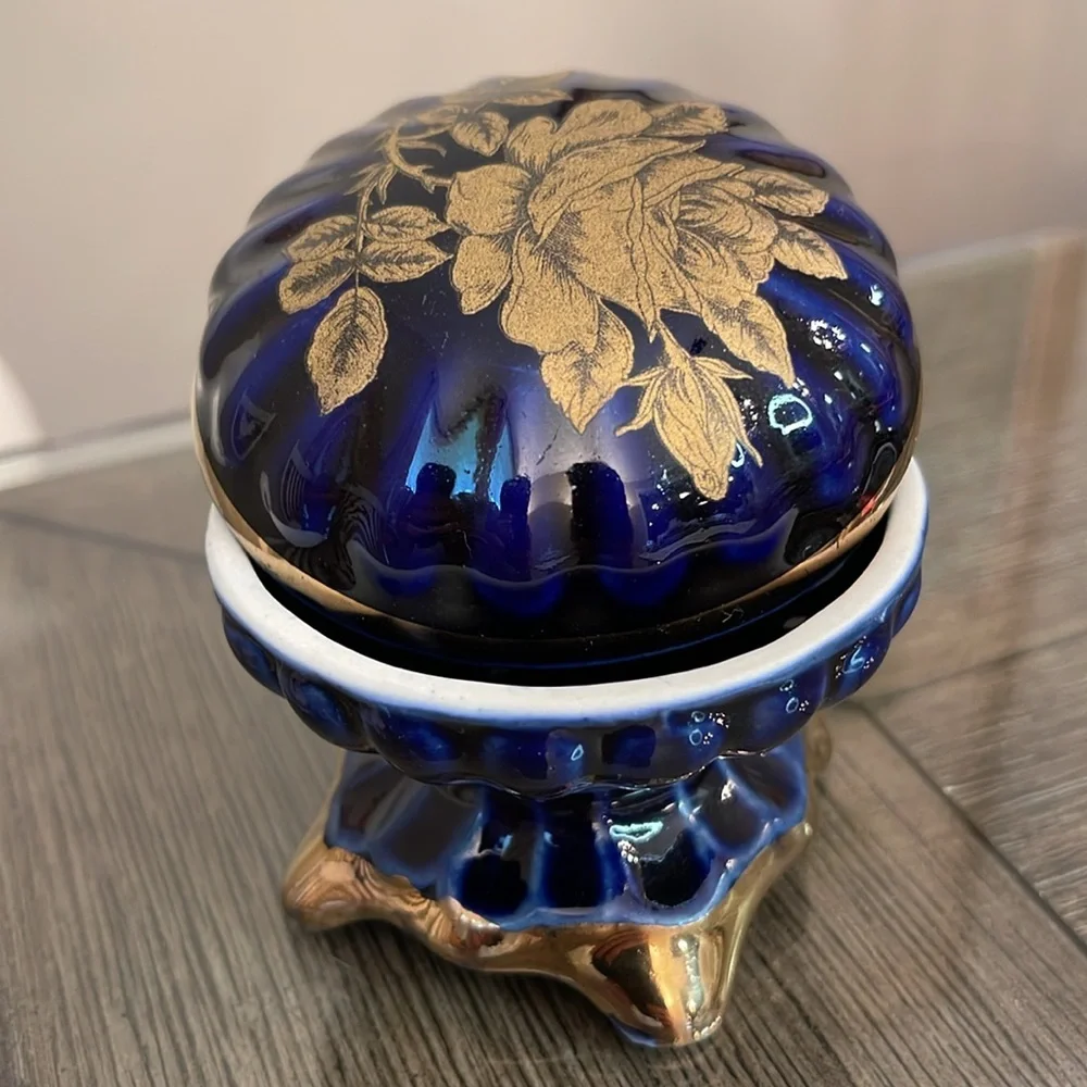Vintage Cobalt Blue & Gold Footed Trinket Box